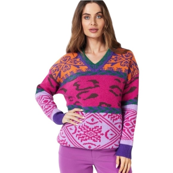 ESQUALO Long Sleeve V-neck Jacquard Colored Fuchsia Sweater Women’s Size S - Picture 1 of 16